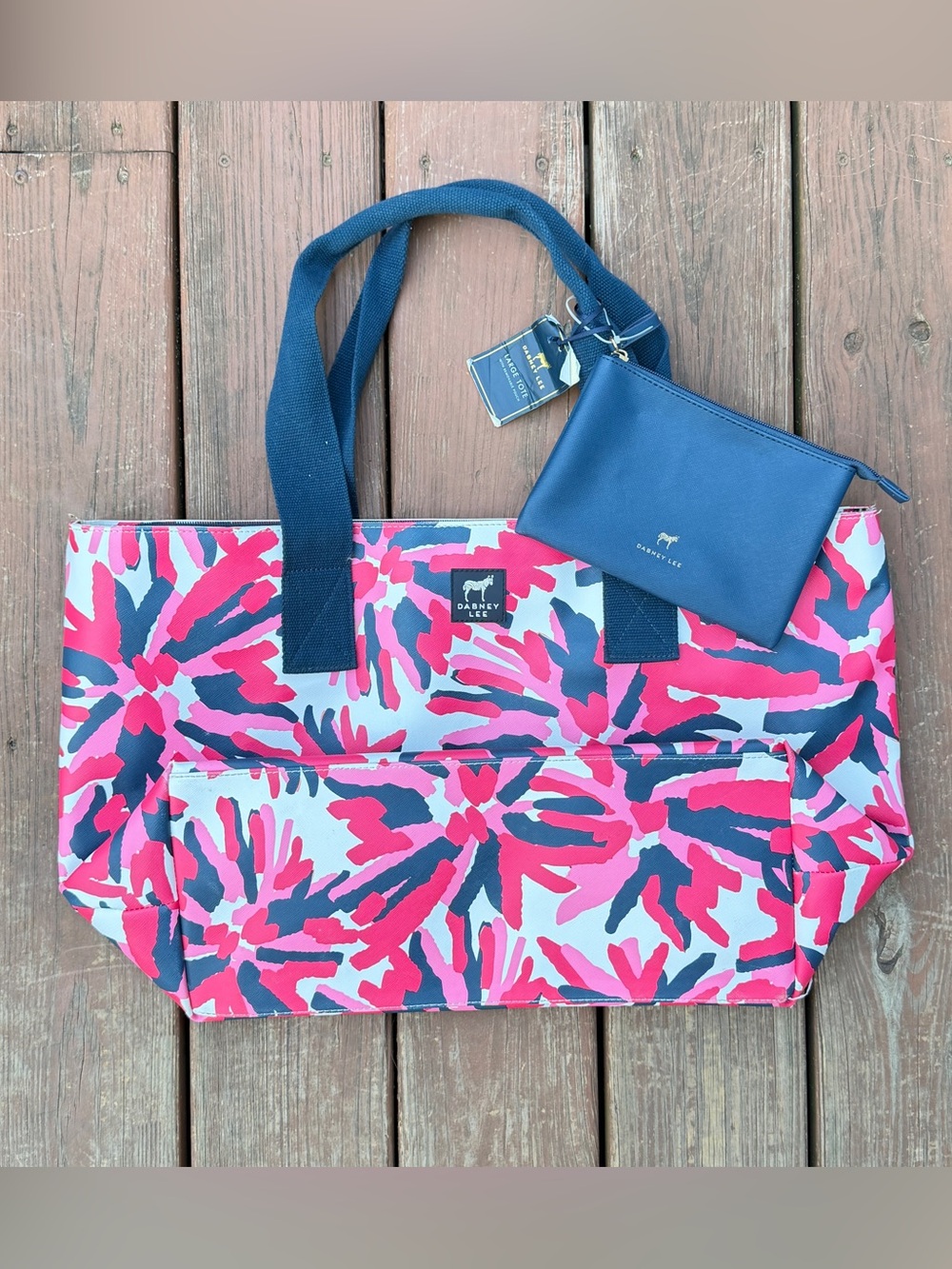 Dabney Lee Large Tote Pink Navy Floral PVC 23 Inch with Cosmetic Pouch